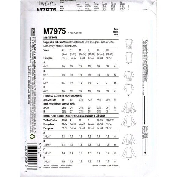 McCall's M7975 Misses XS to M Knit Knotted Tops Uncut Sewing Pattern - Picture 2 of 2